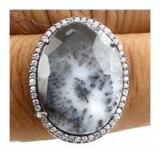 Vintage Dendritic opal oval Cut Cocktail Cubic Zirconia Ring